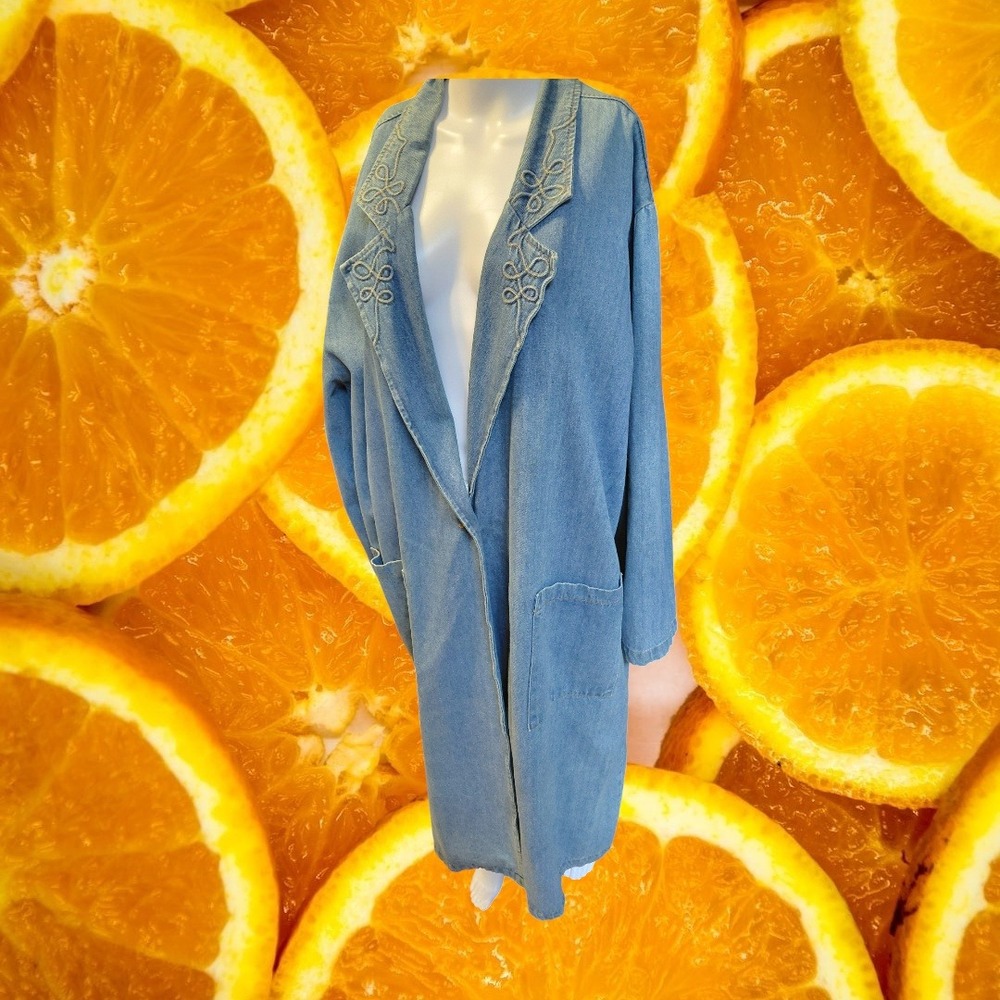 Bonjour Denim Long Jacket Women Blue Embroidered Collar‎ Pockets
